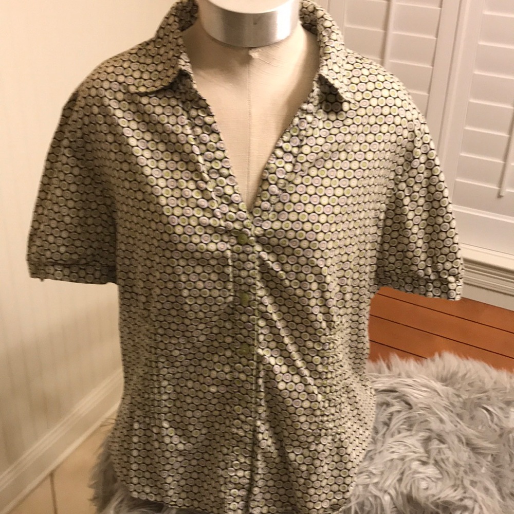 Short sleeve button up multi color top